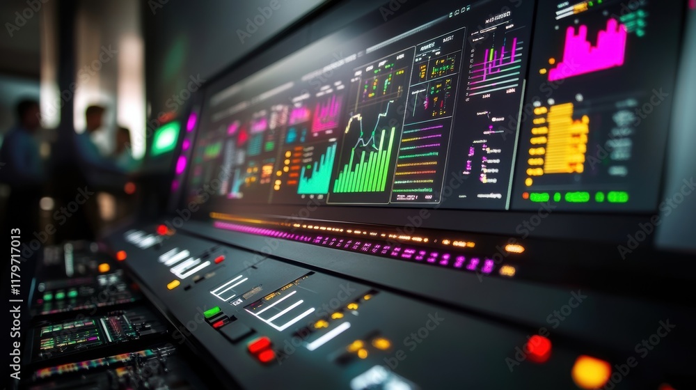Poster high tech control panel illuminates a dark room with vibrant graphs and data visualizations, suggest