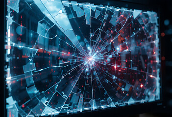 Fototapeta premium A hyperrealistic, cinematic close-up of a shattered computer screen, reflecting a distorted, glitching digital world, with shards of glass scattered across a dark dramatic ambience