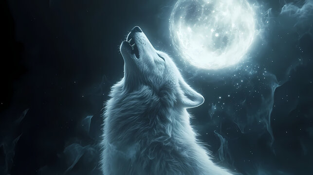 Majestic white wolf howling at a luminous full moon. mystical, ethereal artwork with glowing particles. Glowstone. Illustration