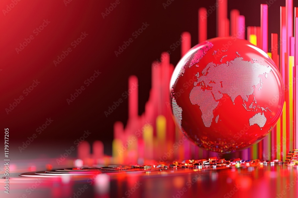 Poster a vibrant red globe with a world map sits atop colorful bars, symbolizing global data analysis and e