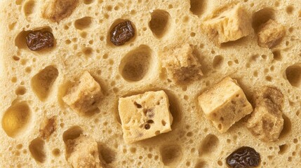 Close-up of light brown spongy bread with raisins and small squares.