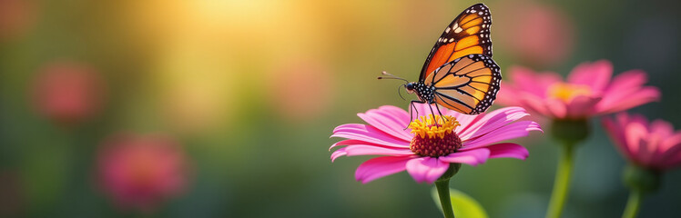 Fototapeta premium A Butterfly Perches Delicately On A Pink Flower Amidst A Vibrant Bokeh Light Effect With Shallow Depth Of Field. 00003