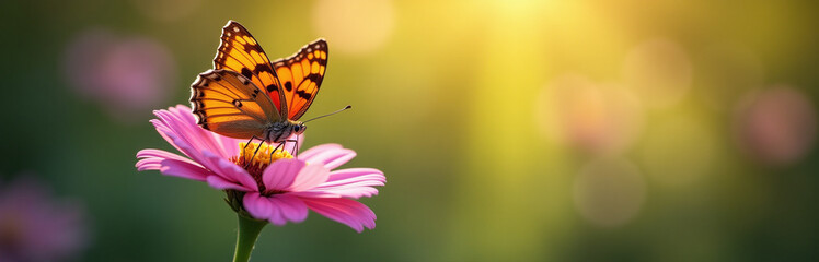 Obraz premium A Butterfly Perches Delicately On A Pink Flower Amidst A Vibrant Bokeh Light Effect With Shallow Depth Of Field. 00002