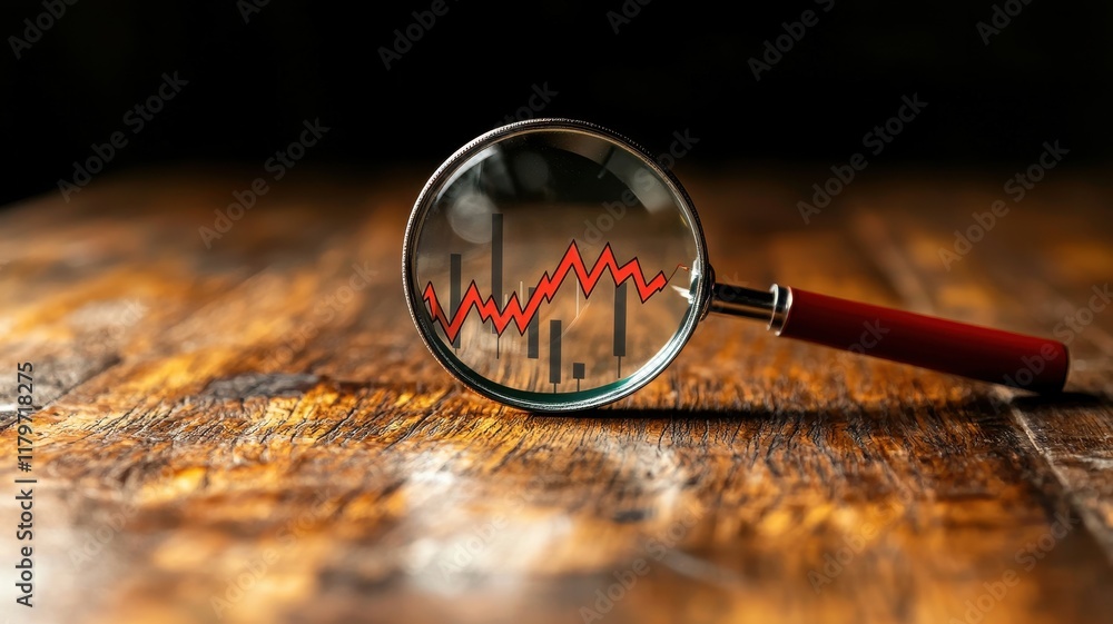 Aufkleber a magnifying glass focuses on a chart displaying a fluctuating red line, set against a rustic wooden