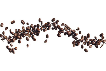 Flying Coffee Beans Horizontal Composition: Coffee beans floating through the air, arranged in a dynamic horizontal composition. Transparent background.