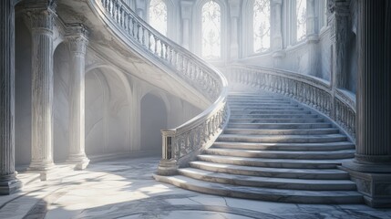 Obraz premium A majestic marble staircase bathed in ethereal light leads to the celestial heights