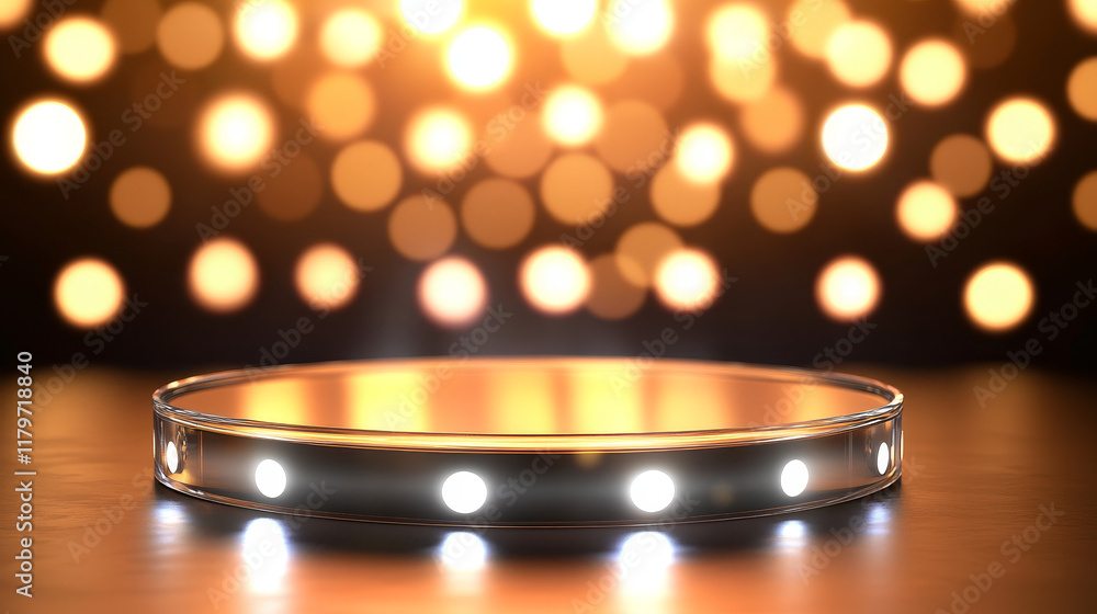 Poster glass transparent hexagon product podium on abstract holographic background with light flash effect.