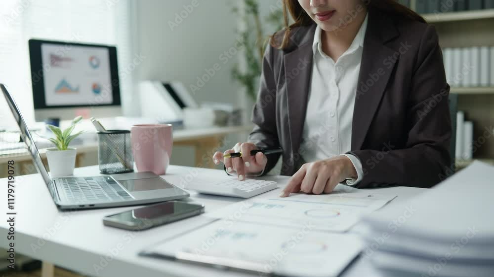 Poster close-up of hands businesswoman is working on document paperwork and calculator for cost with happy 