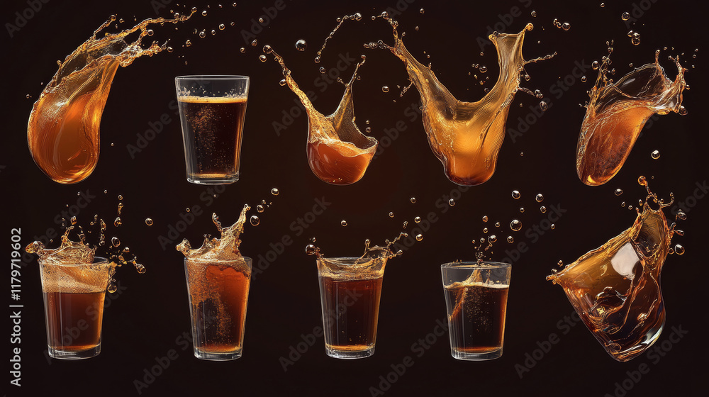 Poster splash of coffee, cola or tea isolated on transparent background. vector realistic set of liquid wav