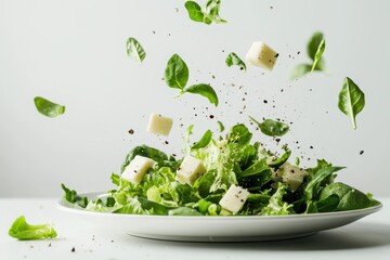 Obraz premium Caesar salad components landing on a white plate