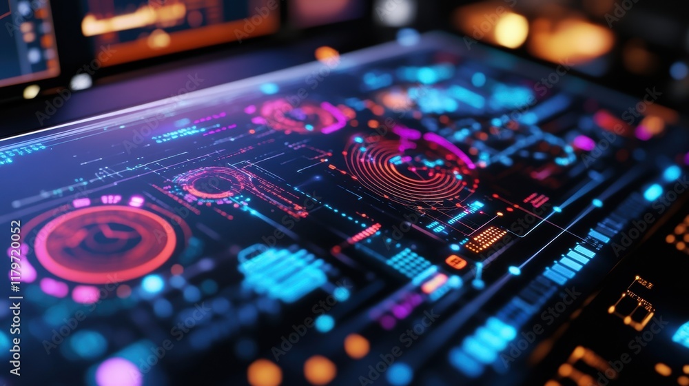 Poster complex digital interface featuring manufacturing data analysis with vibrant charts and graphs, high
