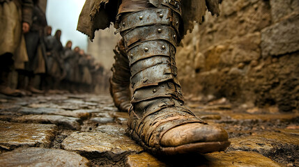 Close-up of a Medieval Soldier's Worn Leather Boot and Metal Greaves on a Cobblestone Street
