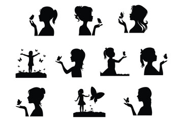 A stunning silhouette of a girl with a butterfly vector design. Perfect for creative projects, wall art, and digital decor. Minimalist and elegant, this graphic adds a touch of beauty and charm.