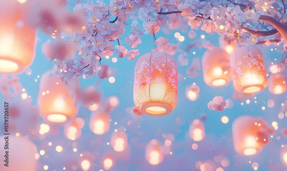 Poster lantern festival display, a vibrant array of intricately designed lanterns illuminating a festive at