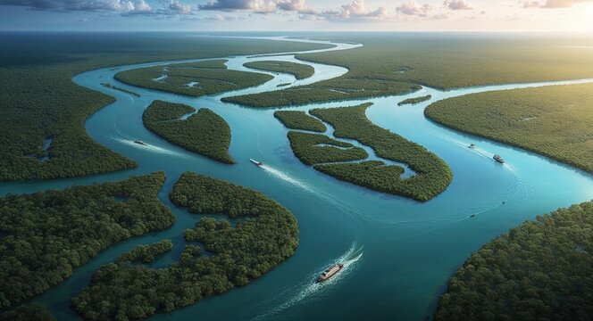 A pristine river delta where multiple waterways converge and support abundant ecosystems