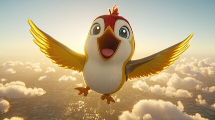 Cartoon bird flying above clouds over city.