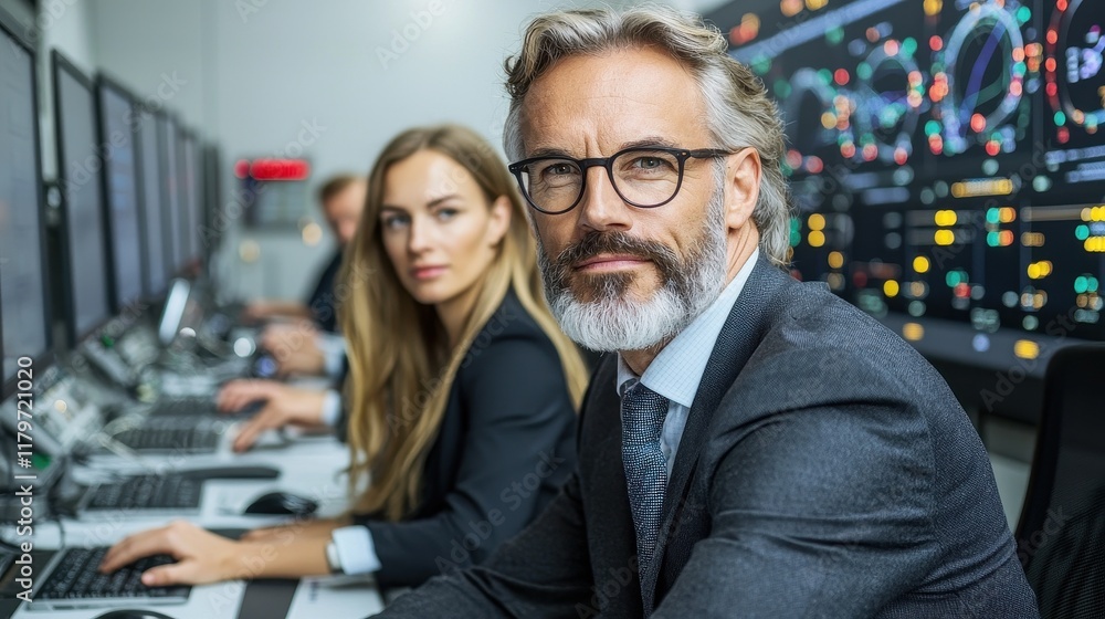 Poster professional team collaborating in modern office with technology and data analytics focus