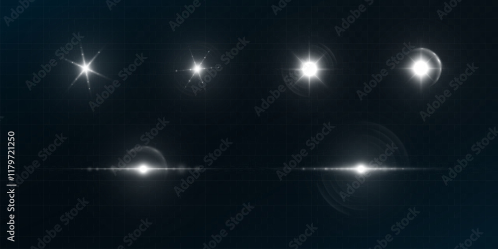 Poster light effect of white glowing light. solar flare. glow effect. starbursts with twinkling highlights.