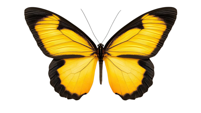 Vibrant Yellow Butterfly with Black Edges on Delicate Wings Displaying Intricate Patterns Against a White Background