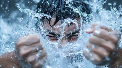 Fototapeta premium Joyful water battle, vibrant scene of people laughing and splashing water, colorful attire, summer fun, energetic atmosphere, playful interactions.