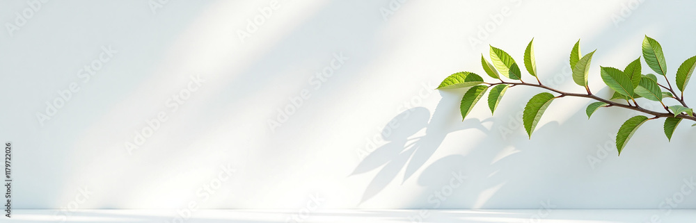 Poster a branch stretches against a sunny white wall in an abstract nature background with space for text g