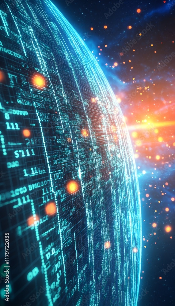 Poster digital earth interconnected 3d globe showing lines and binary, illustrating global connectivity
