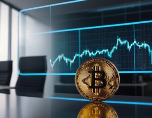 A golden Bitcoin stands prominently against a digital stock market graph in a modern office setting.