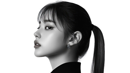 Elegant Profile Portrait of a Young Woman with a Ponytail in Black and White Style
