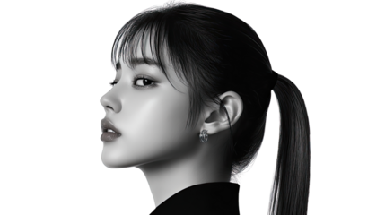 Elegant Profile Portrait of a Young Woman with a Ponytail in Black and White Style