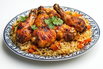 Fototapeta premium Chicken pilaf on a plate against a white backdrop