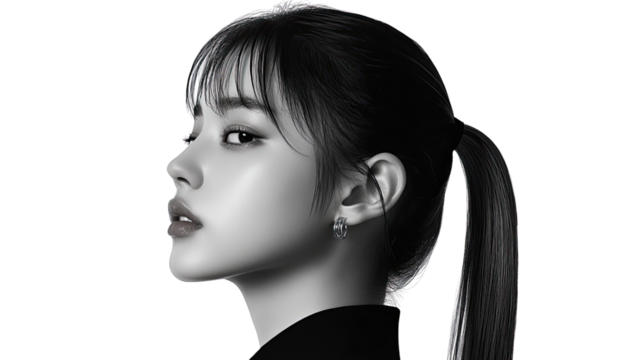 Elegant Profile Portrait of a Young Woman with a Ponytail in Black and White Style