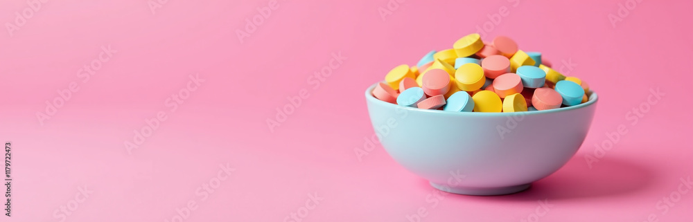 Poster A Bowl Filled With Brightly Colored Pills Against A Vibrant Pink Background Creates A Visually Appealing And Creative Composition Image. 00002
