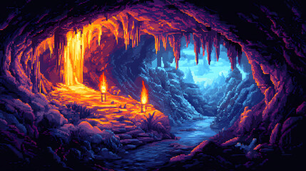 Vibrant pixel art cave with stalagmites and torches. Glowstone. Illustration
