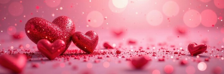 Obraz premium Red glitter hearts shimmer on a pink sparkly backdrop Perfect for Valentine's or wedding themes , photo, element