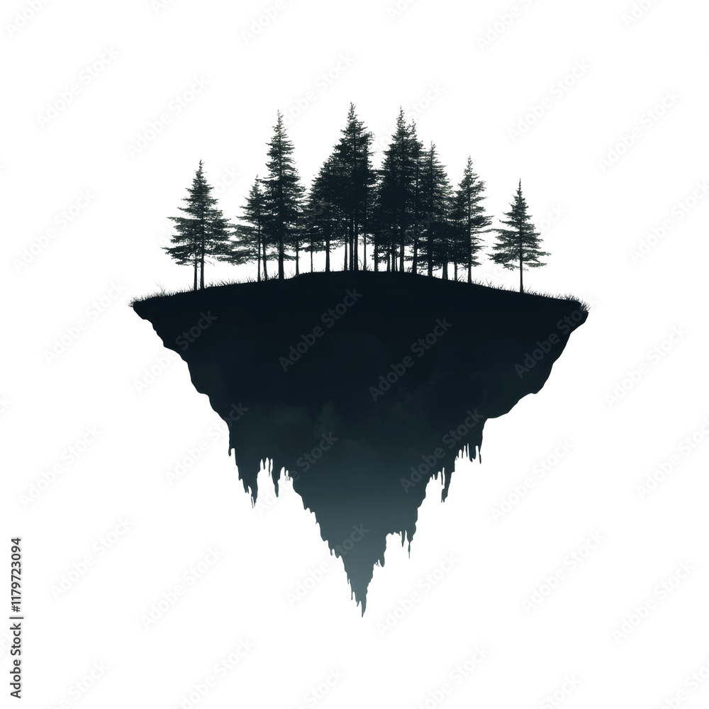 Poster a digital illustration depicts a small dark island floating in the air, topped with a cluster of eve