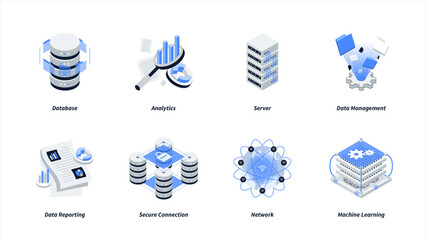 Data analytics isometric icon set. Big data analysis technology symbol. Containing Data Management, Network, Analytics, Data Reporting, Machine Learning, Server, Secure Connection and Database.