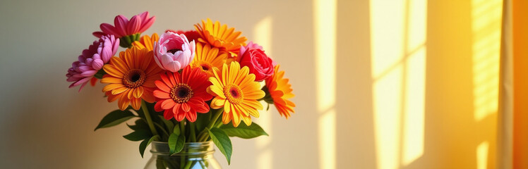 A Bouquet Of Vibrant Flowers Sits In A Glass Vase Against Sunny Curtains And A Textured Canvas Wall Background. 00003