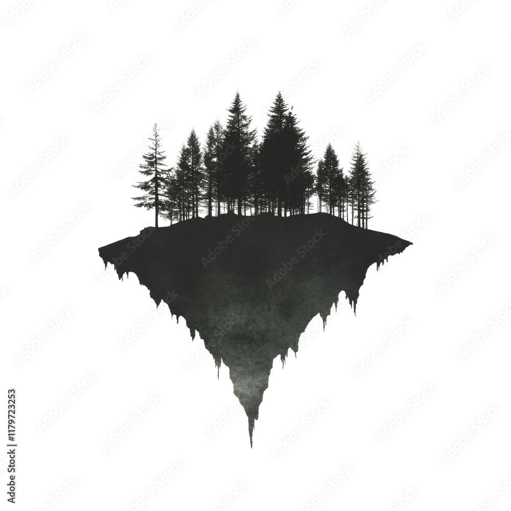 Poster a minimalist illustration depicts a dark silhouetted island floating against a light background, fea