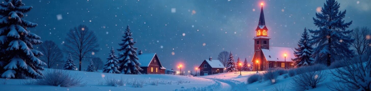 Falling snow over frosted village, illuminated church steeple , texture, season's greetings