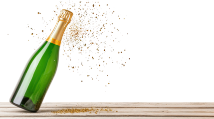 Celebratory Champagne Bottle Erupts with Bubbles and Sparkles Against a Black Background