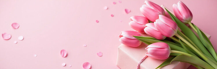 Obraz premium A Bouquet Of Pink Tulips Sits Atop A Present Surrounded By Soft Pastel Hues On A Delicate Pink Banner. 00001