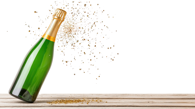 Celebratory Champagne Bottle Erupts with Bubbles and Sparkles Against a Black Background
