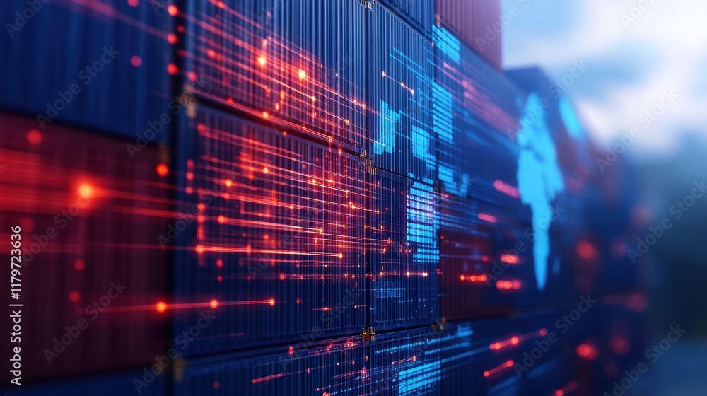 Poster vibrant wall of data illuminated by red and blue lights creating a futuristic and high-tech atmosphe