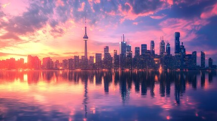 City Skyline Reflected in Water's Glow