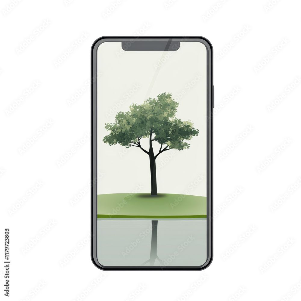 Poster a minimalist illustration of a single tree on a small island reflected in water is displayed on a sm