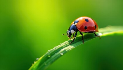 Ladybug perched on a blade of grass, glistening with morning dew , sunlight, outdoor