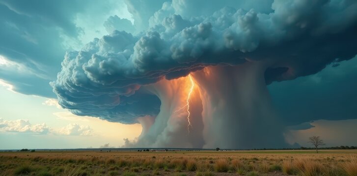 Ferocious, rotating funnel cloud over flat landscape, storm, ominous