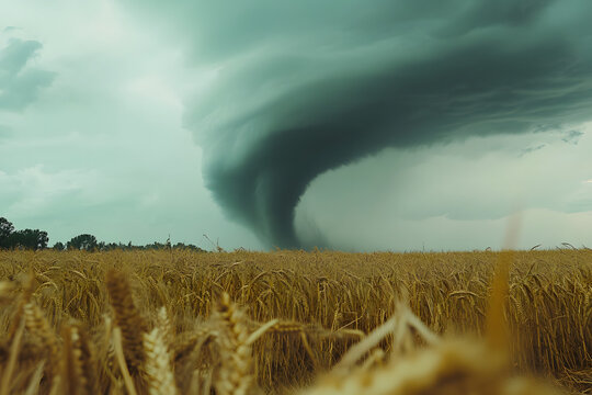 Tornado over a wheat field, stormy sky with rain clouds, supercell of agriculture field.