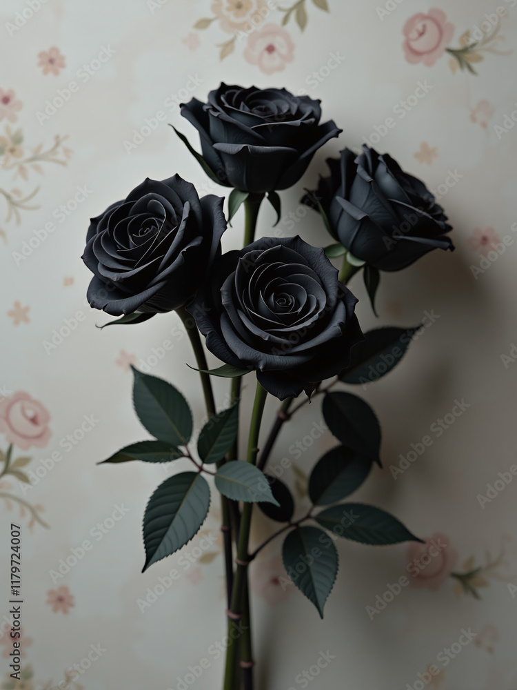Aufkleber a bouquet of black roses is set against a subtle floral pattern on a monotonous background with no d