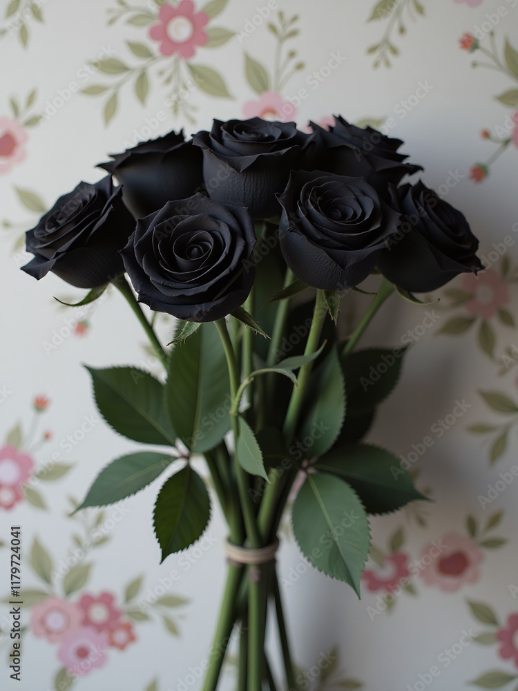 Aufkleber a bouquet of black roses is set against a subtle floral pattern on a monotonous background with no d